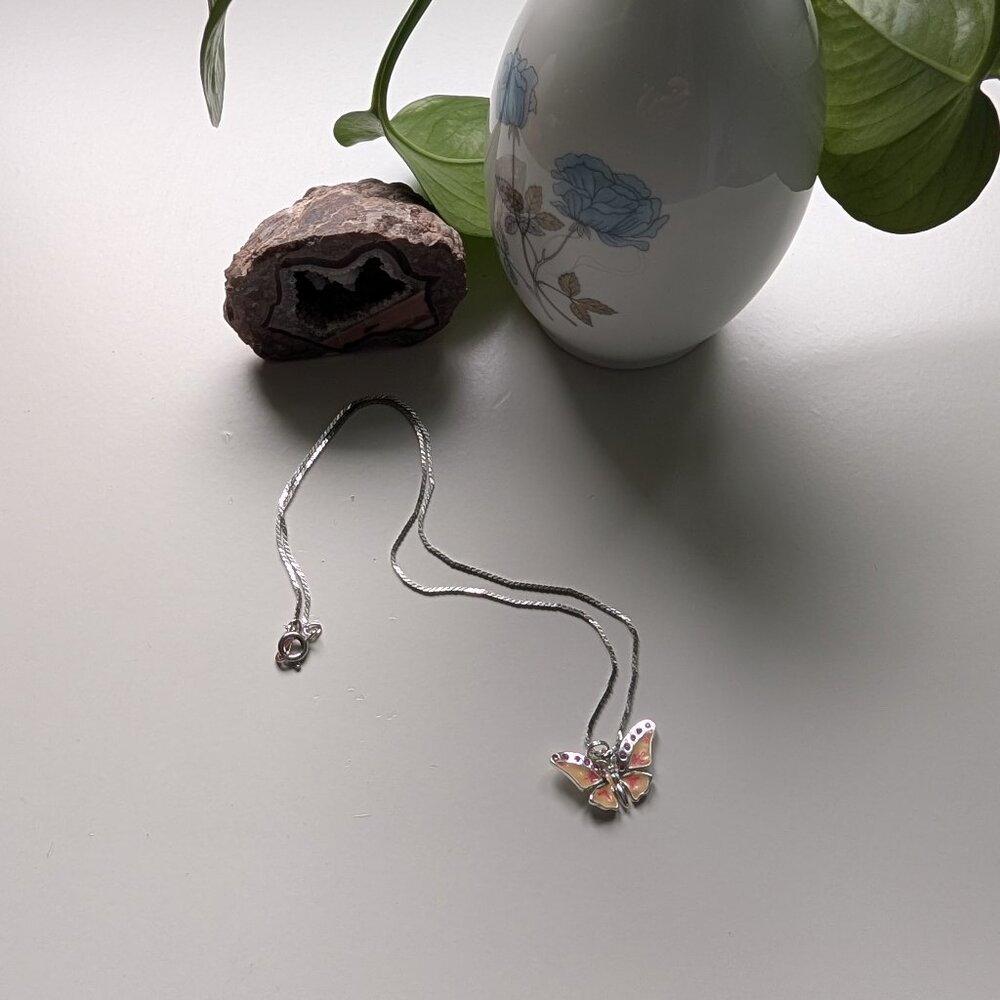 Peach Pink & Silver Butterfly Necklace With Silver Chain With Pink Jewel Details